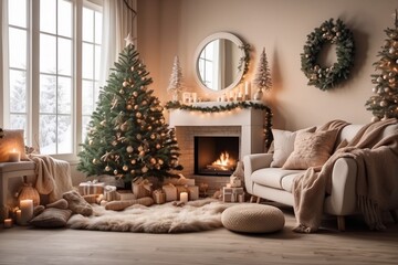 Cosy Christmas interior with a large beautiful Christmas tree, fireplace and armchair.