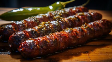 a close-up shot of a spicy jalape?+/-o and cheddar sausage link fresh off the grill