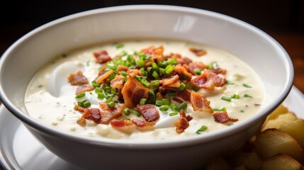 a close-up shot of a comforting bowl of clam chowder with chunks of clams and crispy bacon