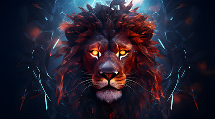 Majestic lion with a mane of glowing neon blue light.