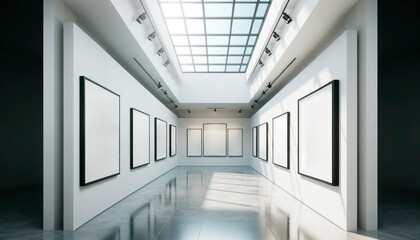 Modern art gallery with skylight and white frames creating a minimalist exhibit. Generative AI