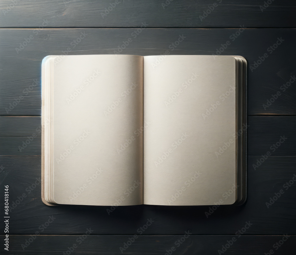 Aufkleber Open notebook with blank pages on dark wooden background. Workspace simplicity. Generative AI