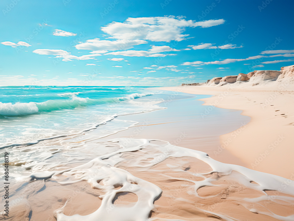 Poster pristine beach with vibrant sea foam and a clear blue sky. serenity concept. generative ai