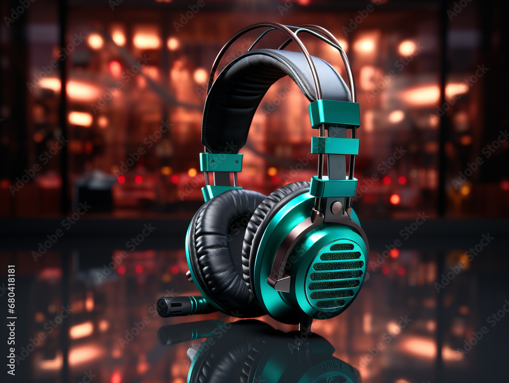 Poster professional headphones on a reflective surface with bokeh. generative ai