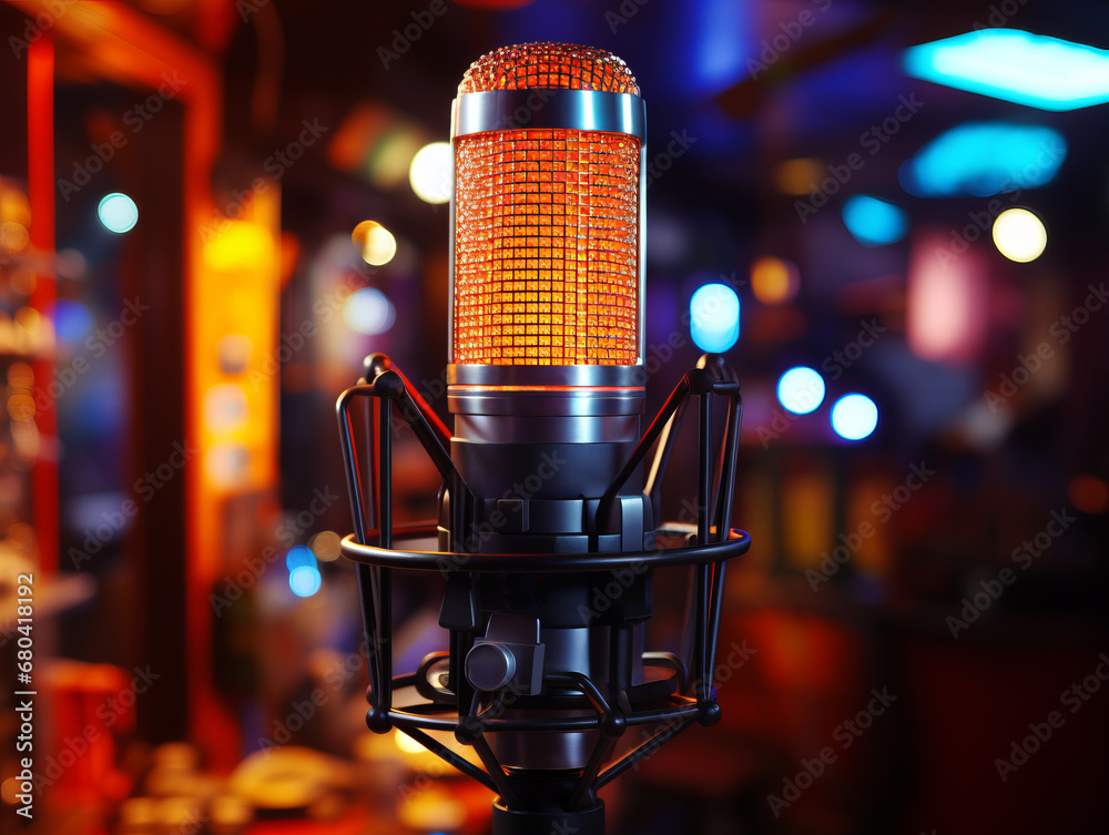 Poster vintage microphone with warm bokeh lighting. generative ai
