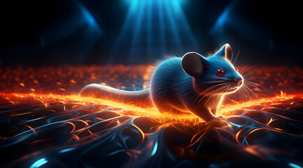 A tiny mouse illuminated by a dazzling neon light effect. - obrazy, fototapety, plakaty