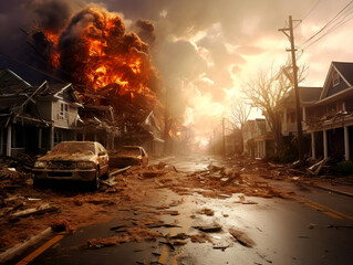 Dramatic neighborhood destruction with intense fire and smoke. Cataclysm concept. Generative AI