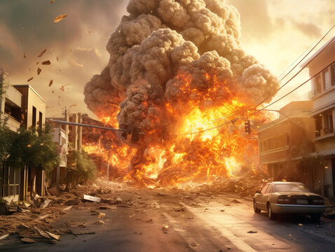 Catastrophic explosion engulfing a residential street. Disaster and emergency concept. Generative AI