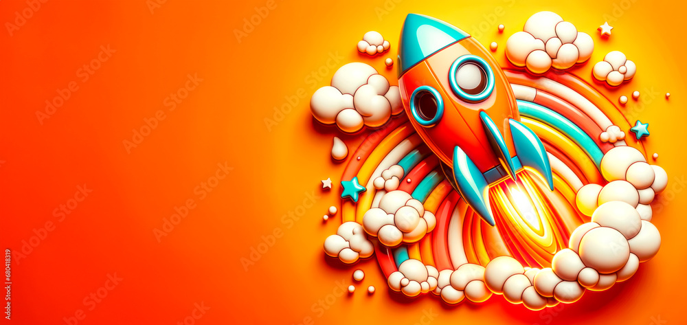 Aufkleber Vibrant rocket launch with dynamic motion on orange backdrop. Generative AI