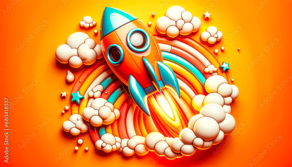 Poster vibrant rocket launch in a stylized universe. generative ai