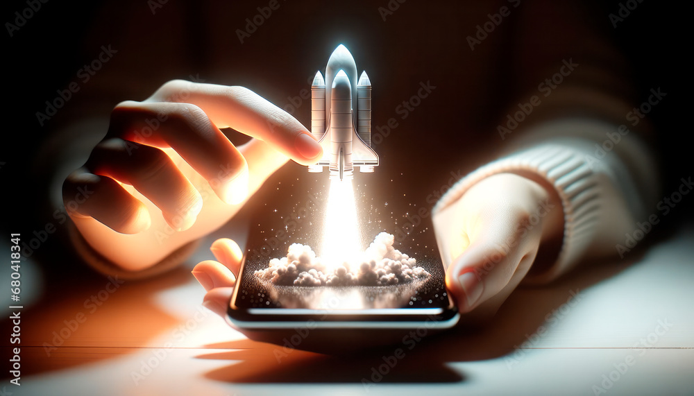 Aufkleber Interactive space shuttle launch from a smartphone. Generative AI