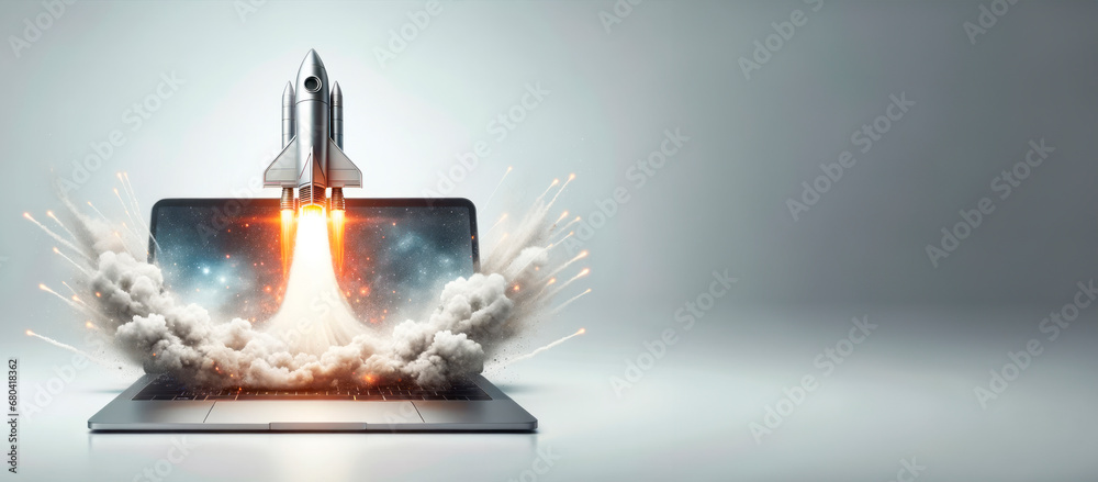 Poster rocket launch from a laptop concept in a cosmic background, mockup. generative ai