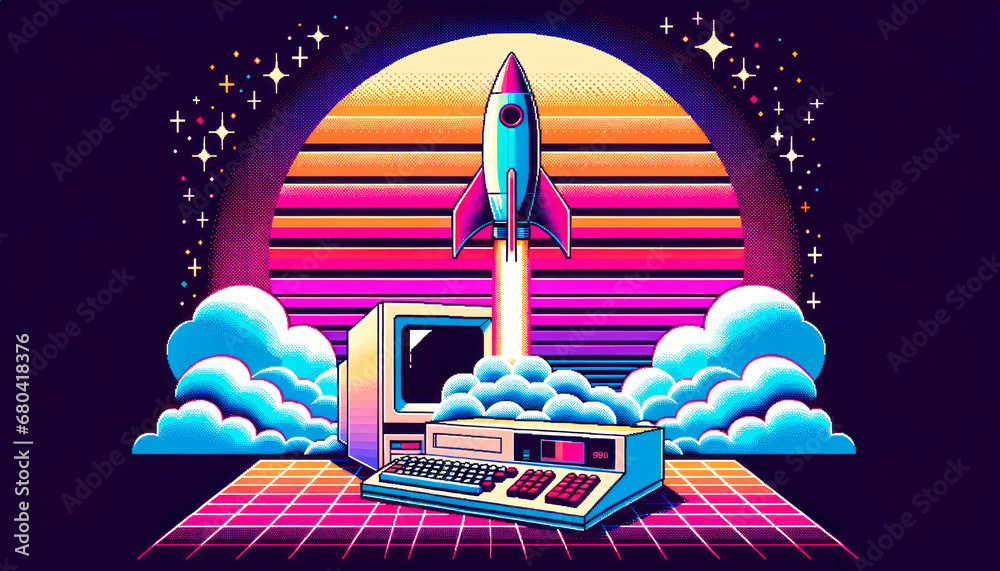 Aufkleber Retro-inspired digital art of a rocket launch from a vintage computer. Generative AI