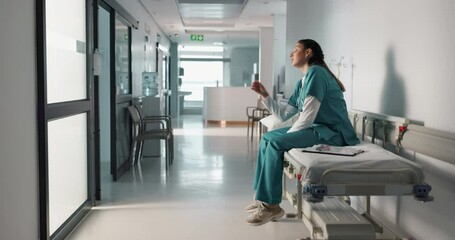 Fail, crying or doctor with stress in hospital unhappy with healthcare results or medical problem. Depression, mistake or sad woman nurse frustrated by grief, death or loss in clinic with headache - Powered by Adobe