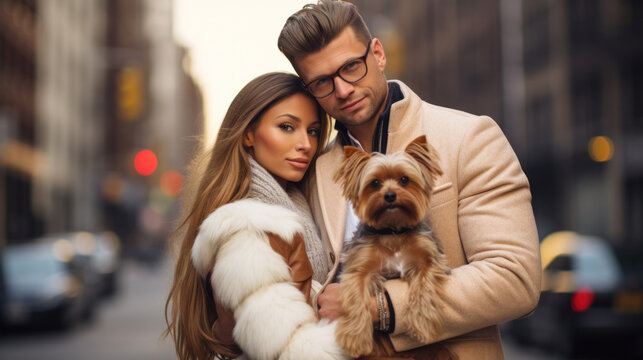 Young fashionable caucasian couple smiling happy make selfie by the camera with dog at the city.