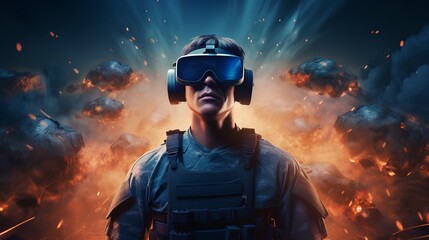 A techsavvy individual is immersed in a futuristic virtual reality experience, wearing VR goggles surrounded by interactive 3D holograms, showcasing the cuttingedge of immersive technology. - obrazy, fototapety, plakaty