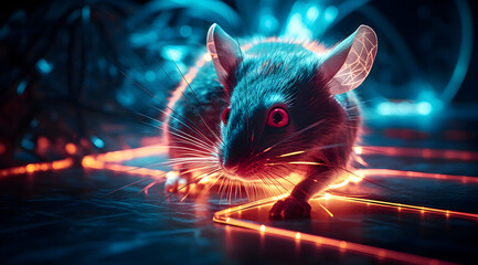 A tiny mouse illuminated by a dazzling neon light effect.