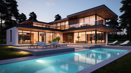 Fototapeta na wymiar Modern villa with pool and deck with interior