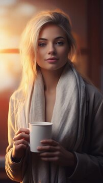 Portrait of a white female holding a cup of hot coffee against morning sunrise background with space for text, AI generated, background image