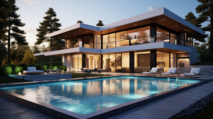 Modern villa with pool and deck with interior