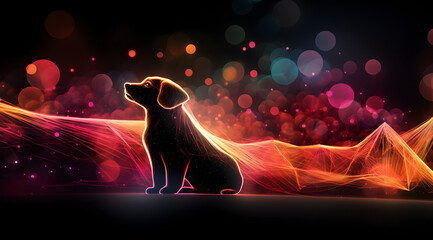 A glowing polygonal puppy dog outlined by vibrant neon lasers.