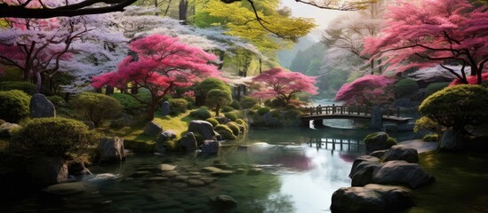 In the picturesque landscape of Japan, amidst the vibrant hues of green and blue, a beautiful garden blooms with colorful flowers, delicate pink petals dancing alongside leaves of white, creating a
