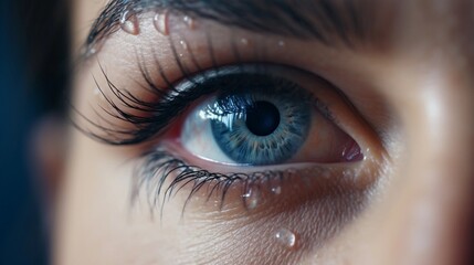 Fototapeta premium close-up portrait of a crying female blue eye, AI generated, background image