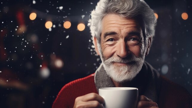 Portrait of a white old male drinking hot coffee against new year eve background with space for text, AI generated, background image