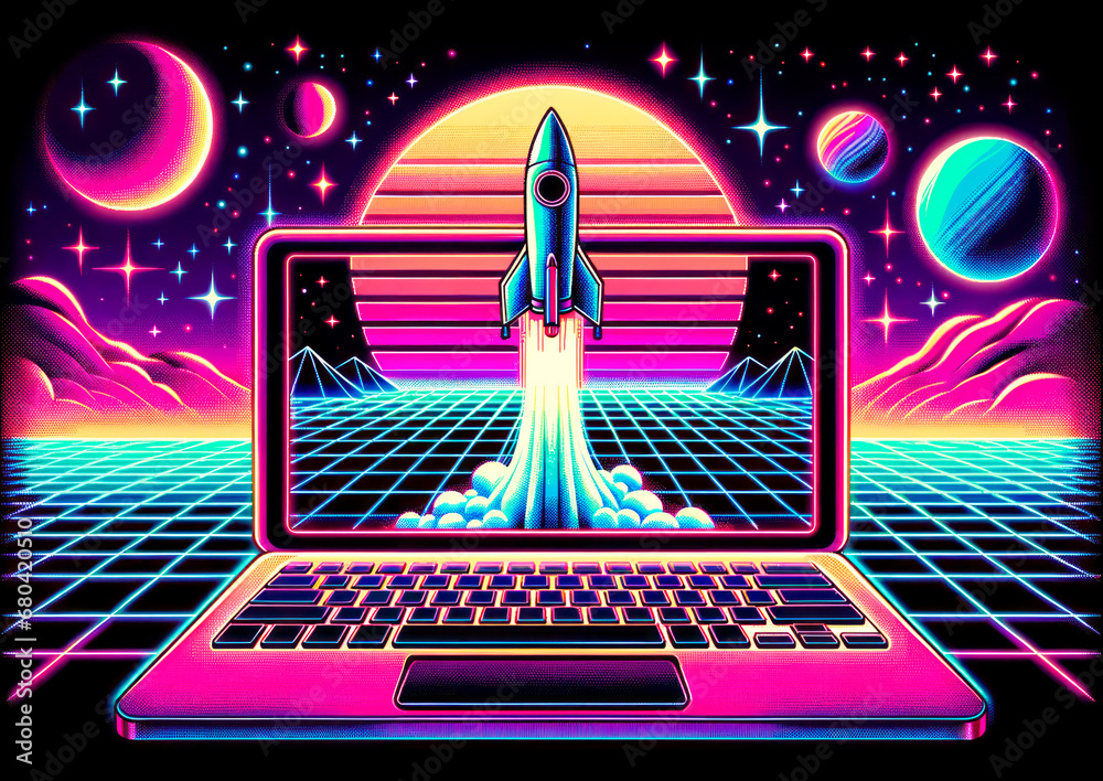 Poster neon retro-futuristic laptop with rocket launch and cosmic backdrop. generative ai