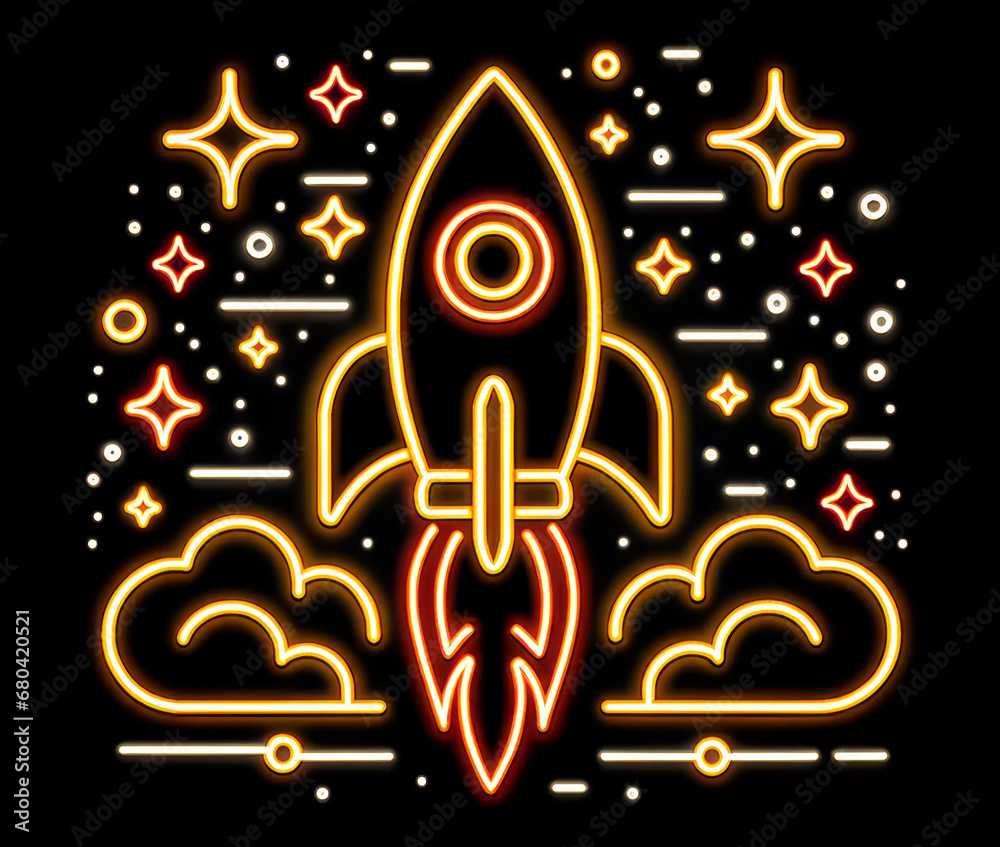 Aufkleber Retro neon rocket launch with starry background Generative AI