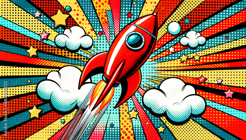 Poster comic style rocket launch with vibrant pop art background generative ai