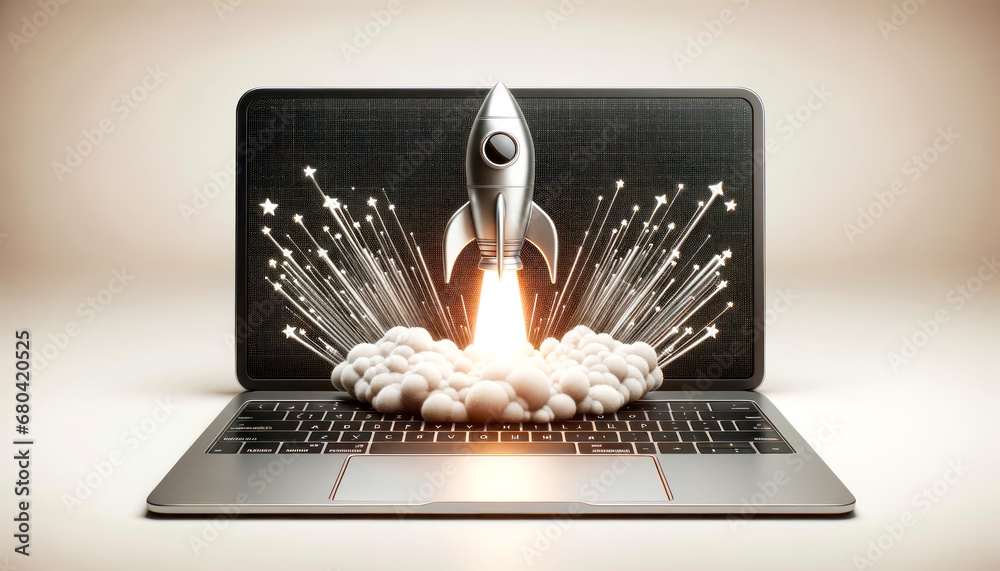 Poster laptop with rocket launch showing starry trail. generative ai