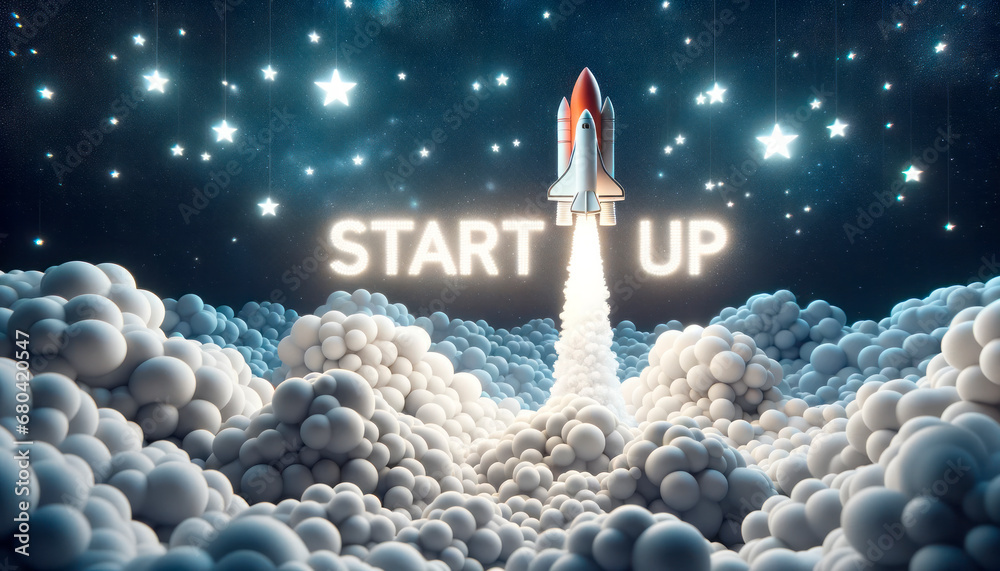 Poster space shuttle heading to stars with start up lights. generative ai