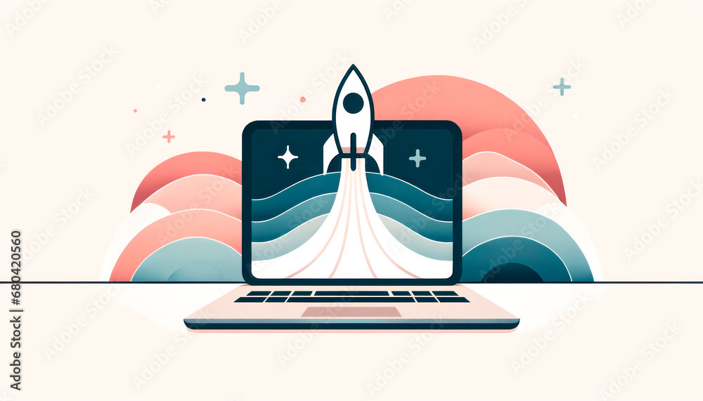 Poster Minimalist rocket design on laptop with abstract waves, Generative AI