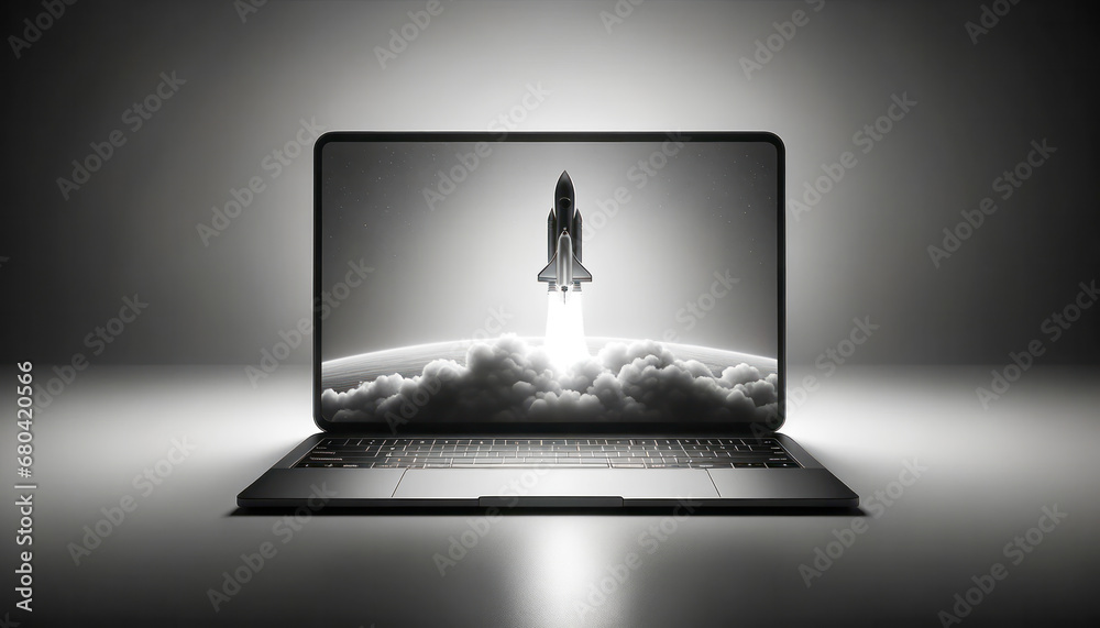 Aufkleber Laptop with rocket launch on screen in a grayscale setting, Generative AI