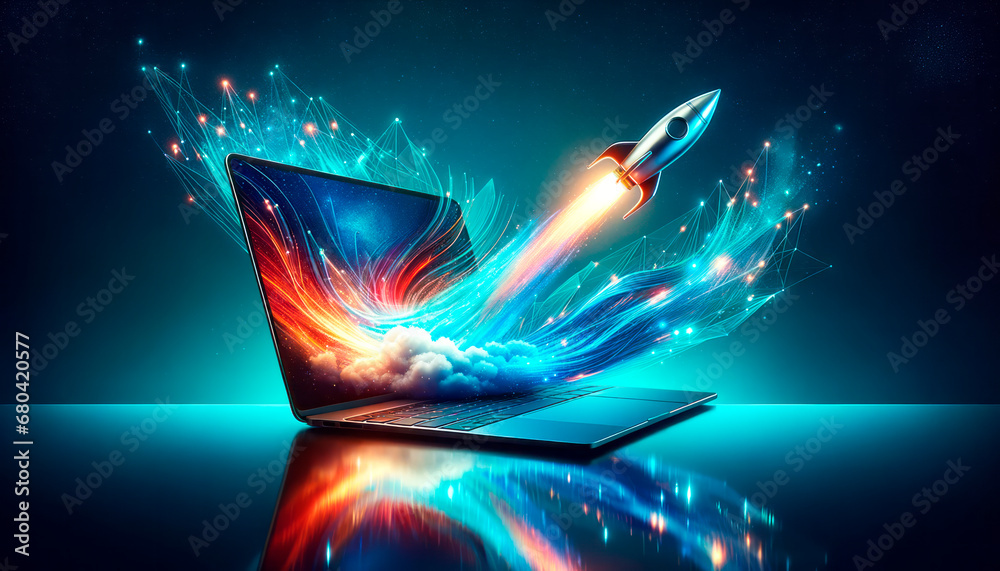 Poster rocket exiting laptop screen with abstract digital wave, generative ai