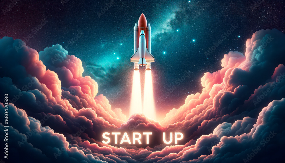 Poster space shuttle piercing through clouds with start up neon, generative ai