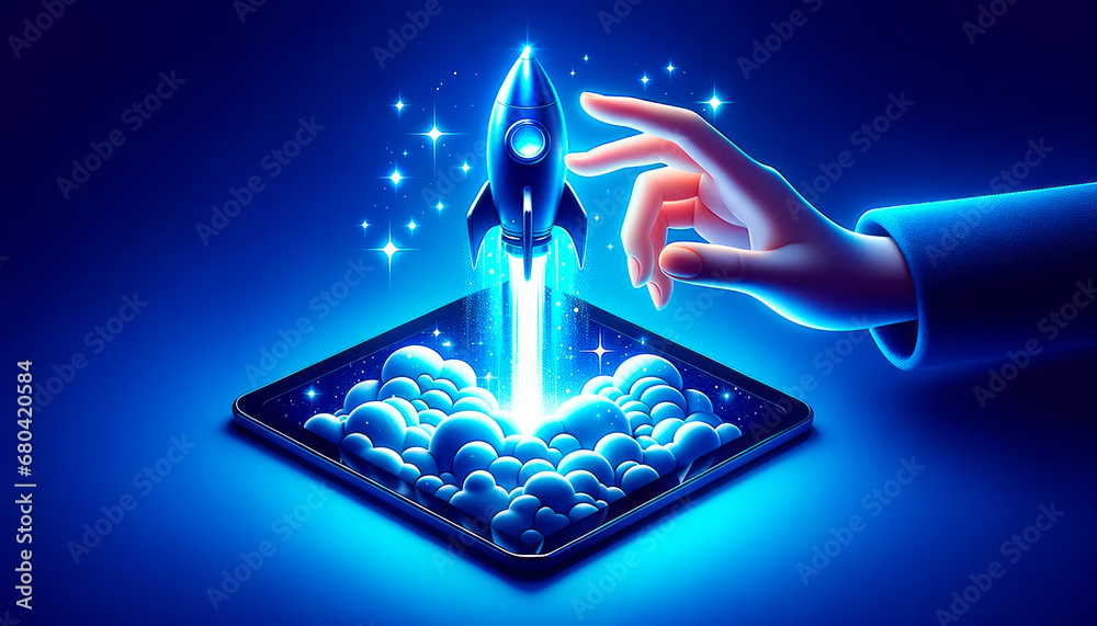 Poster Interacting with a 3D rocket launch on a digital tablet, Generative AI