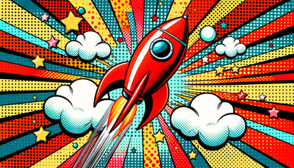 Comic style rocket launch with vibrant pop art background Generative AI - obrazy, fototapety, plakaty