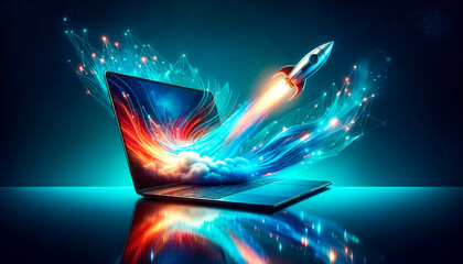 Rocket exiting laptop screen with abstract digital wave, Generative AI - obrazy, fototapety, plakaty