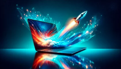 Foto op Canvas Rocket exiting laptop screen with abstract digital wave, Generative AI © Who is Danny