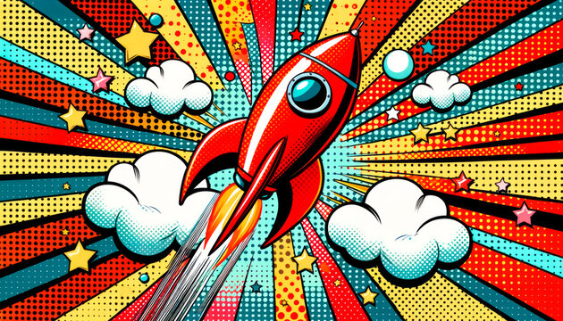 Fototapeta Comic style rocket launch with vibrant pop art background Generative AI