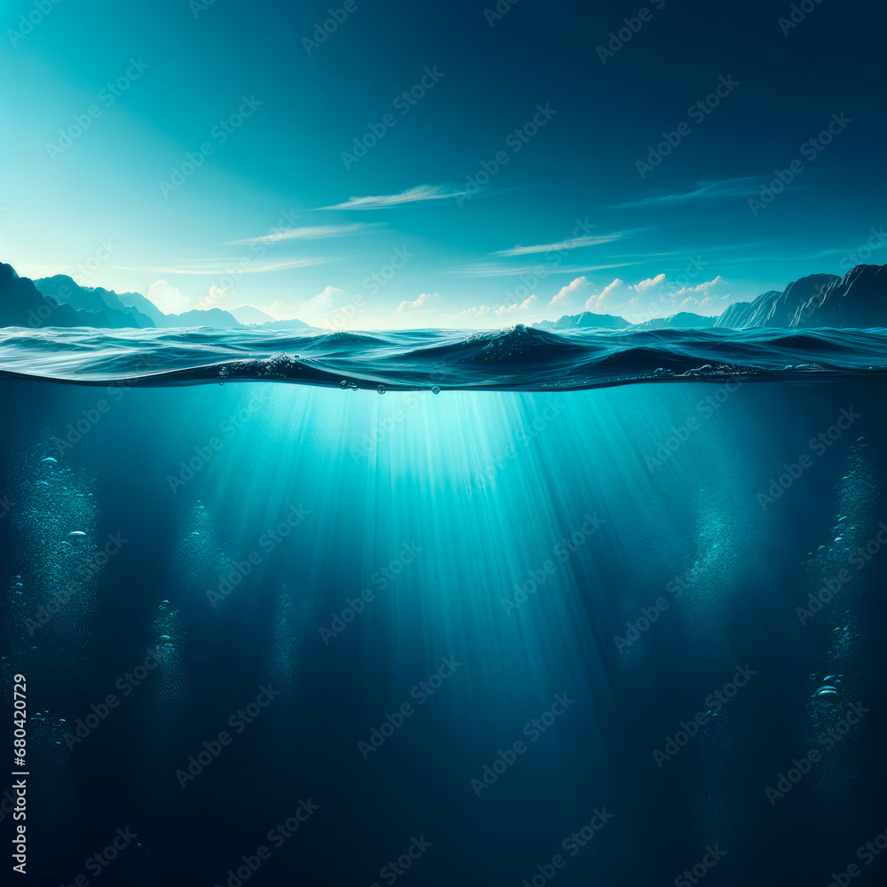 Poster underwater landscape with sunrays. tranquil ocean background. generative ai