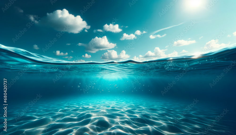 Poster underwater scene with sunbeams filtering through the water. calm ocean background. generative ai