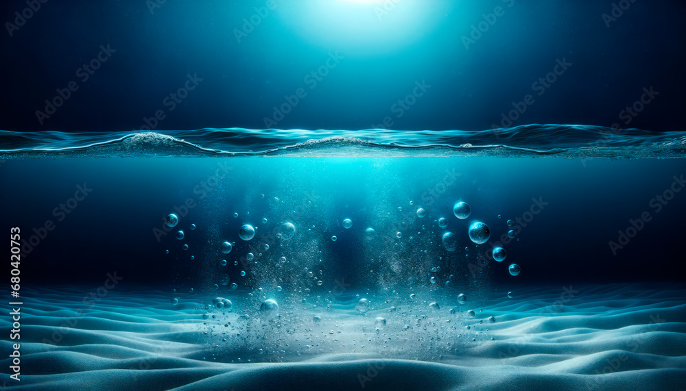 Aufkleber underwater seascape with light rays and bubbles. deep blue ocean background. serenity concept. gener