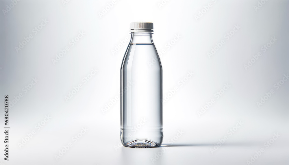 Poster transparent water bottle with metal cap on a soft gray background. product design concept. generativ