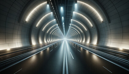 Tunnel illuminated with modern lighting, leading to an unknown destination. Journey to the future concept. Generative AI