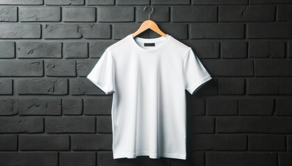 White t-shirt mockup hanging on a hanger against a black brick wall. Apparel design template. Generative AI
