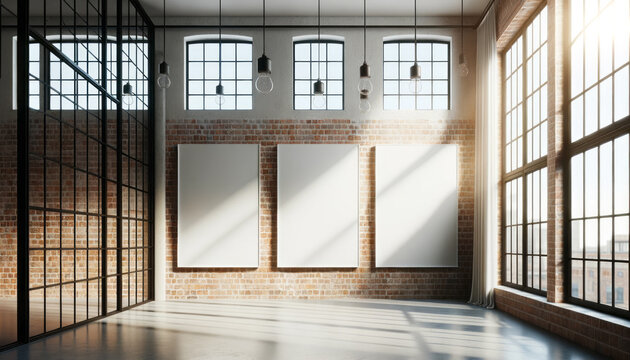 Three blank white posters in a stylish loft interior, harmoniously blending with the industrial aesthetic. Generative AI