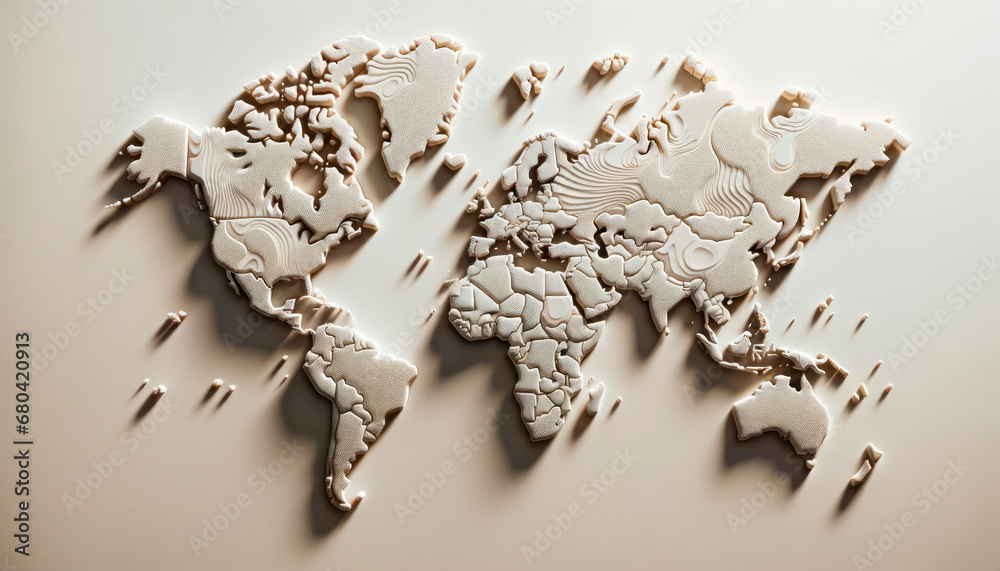 Poster monochromatic 3d world map with stylized topography on a light background. geometric texture concept